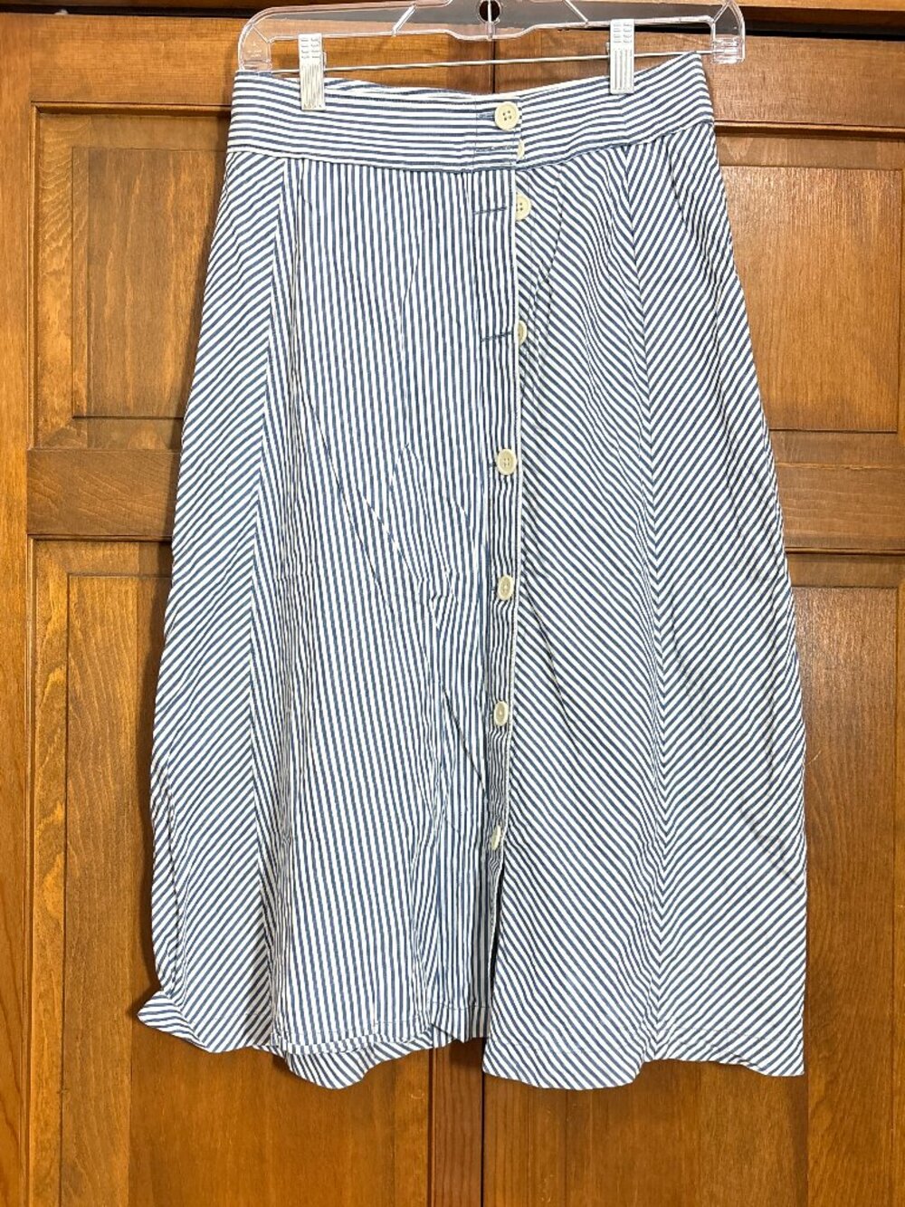 J.Crew Blue White Stripe Midi A-Line  Skirt | Size 0 | Button Front